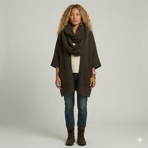 Zara Oversized Chunky Knit Cardigan with Attached Scarf Brown Wrap Sweater